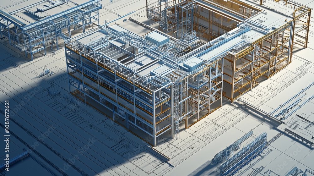 Poster a detailed architectural model of a building structure showcasing intricate metal framework and cons