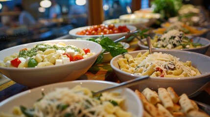 Obraz premium A delightful pasta salad bar with choices like caprese, pesto chicken