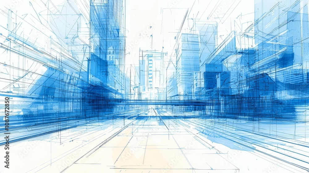 Poster a futuristic cityscape rendered in blue tones, showcasing abstract buildings and structures with a d