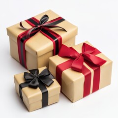 Fototapeta premium Three beautifully wrapped gift boxes with ribbons on a white background.