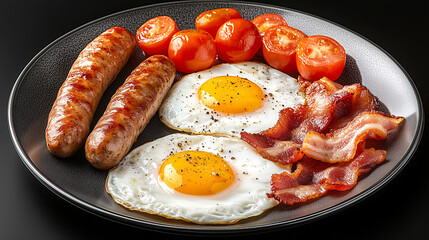 Delicious breakfast plate with fried eggs, bacon, sausages and tomatoes on white plate.