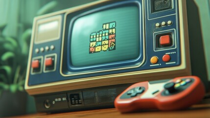 A vintage gaming console sits on a wooden table, with a colorful pixel art game displayed on the screen.