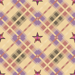 Neutral beige plaid layered with plaid patterned stars creates a rustic yet cozy Western style design. Ideal for digital wallpapers, branding, or DIY print projects. The color palette includes beige