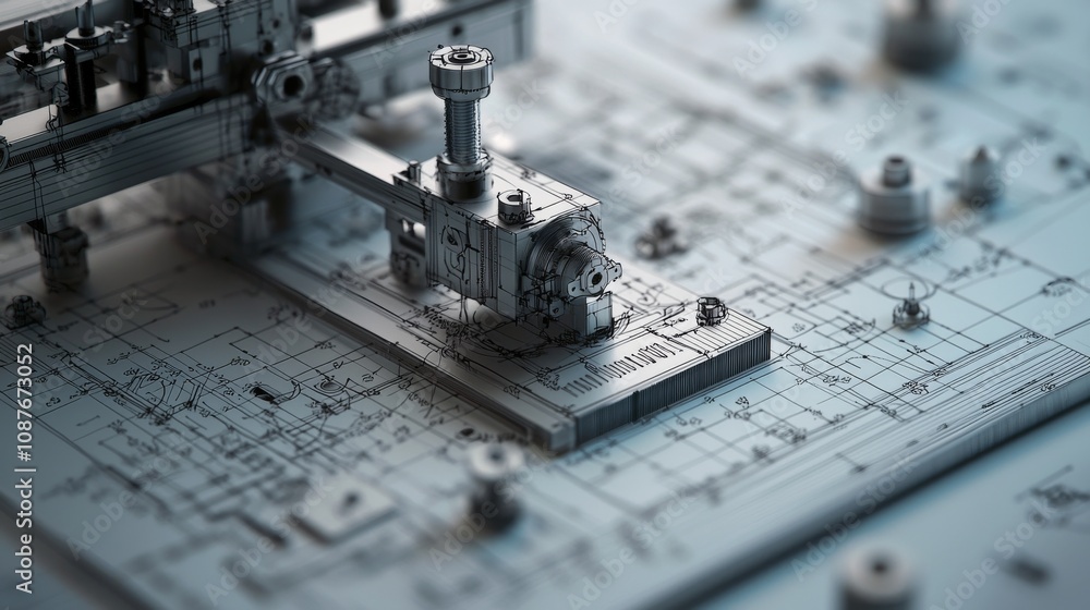 Poster a close-up view of a detailed mechanical component on a technical blueprint, showcasing intricate de
