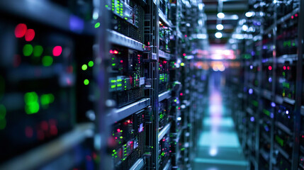 Server racks in a data center server room.