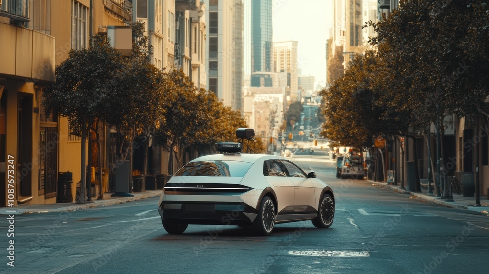 Poster A self-driving vehicle navigates an urban environment, showcasing onboard AI technology as it moves down a quiet street. Generative AI