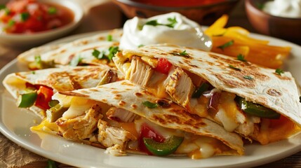 A delightful plate of chicken quesadillas with melted cheese, diced chicken
