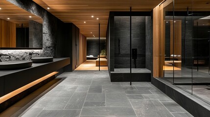 Black fixtures, stone floors, wooden elements, spacious and earthy