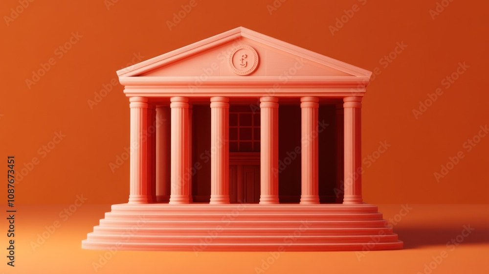 Poster a stylized architectural model of a classical building with columns against a vibrant background.