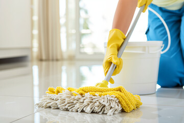Black smiling woman looking at camera, woman cleaning service worker in yellow gloves, holds mop in hands. Generative AI tools