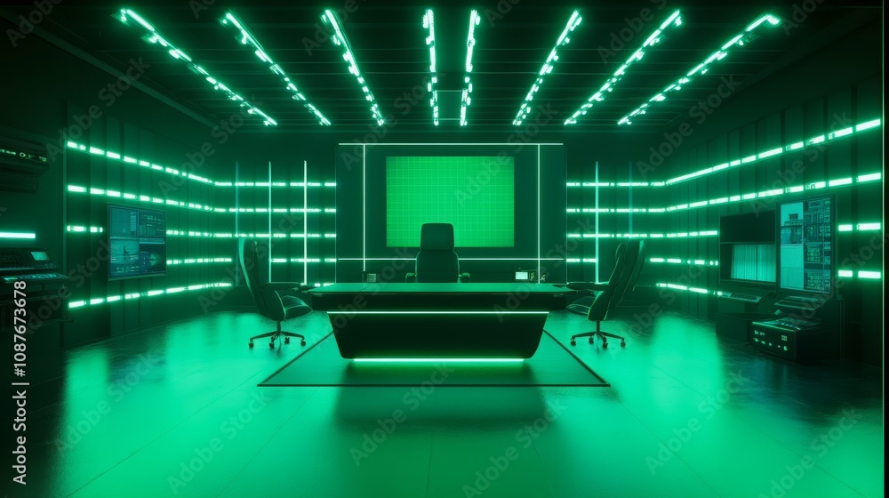 Poster a futuristic workspace illuminated by vibrant green lights, featuring a central table and chairs, cr
