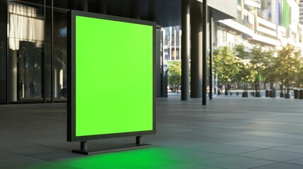 A blank green advertising billboard stands on a city sidewalk, surrounded by modern buildings and greenery.