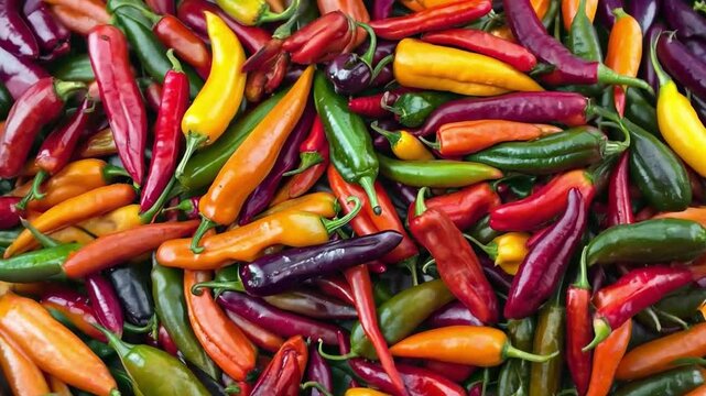 A full frame image showcasing a colorful selection of chili peppers, depicting freshness and variety. Generative AI