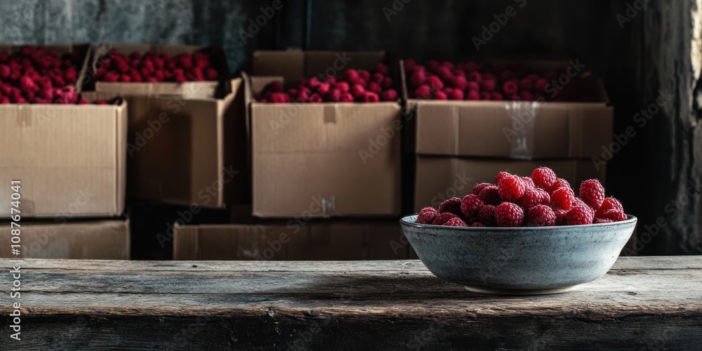 Poster a bowl of fresh raspberries sits on a rustic table with boxes of raspberries in the background.
