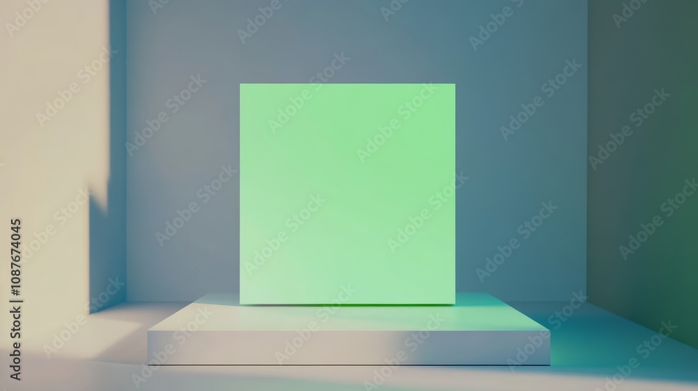 Poster a minimalist green cube illuminated on a pedestal in a simple, softly lit environment, emphasizing m
