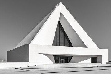 A high-contrast black-and-white image of a sharp-edged concrete building against a clear sky