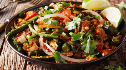 A delightful plate of Indian bhindi masala, stir-fried okra with onions