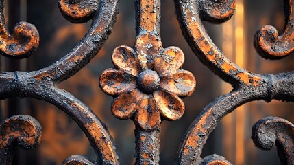 Close-Up of Rusty Metal Gate with Detailed Ornamental Design © Prana