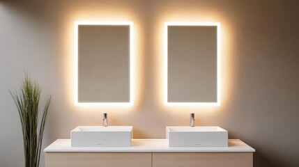 Double vanity with quartz countertops, backlit LED mirrors, sleek and stylish