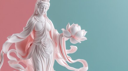 Realistic Guanyin, lotus flower in hand, robes flowing in soft light, serene expression