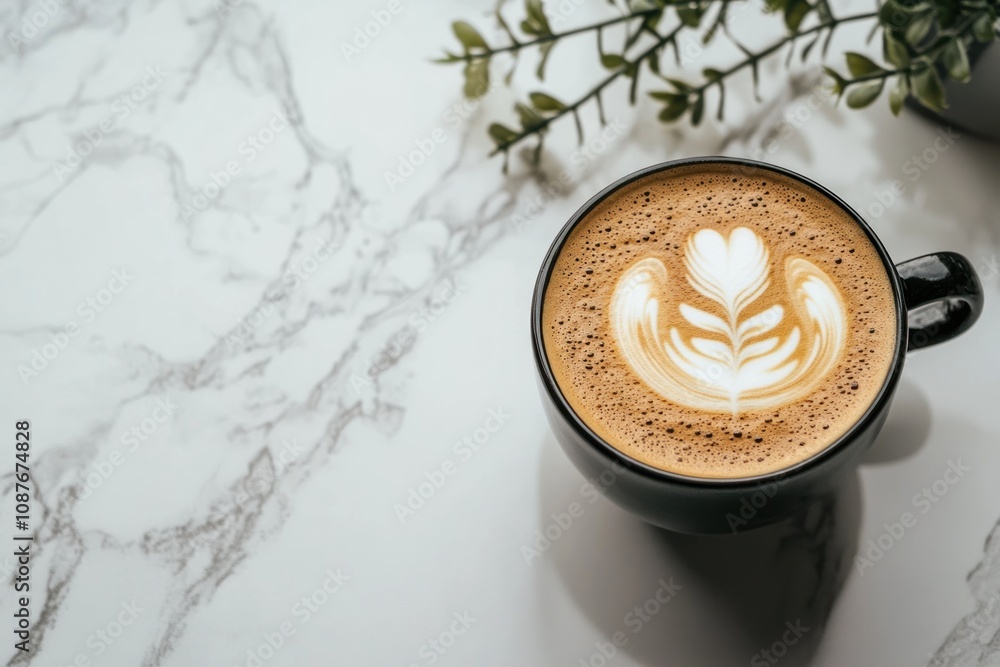 Poster A close-up of a latte with a leaf design on a marble surface, surrounded by greenery.