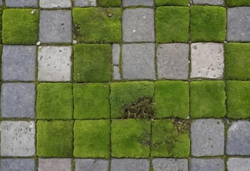 Obraz premium A close-up of a stone pavement with green moss growing between the cracks