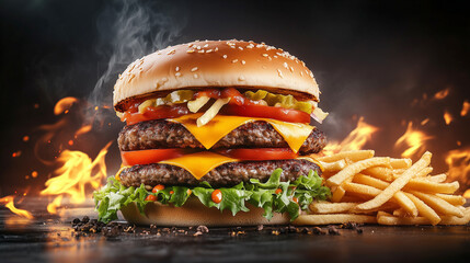 Delicious double cheeseburger with tomatoes and fresh toppings on a flame background. 