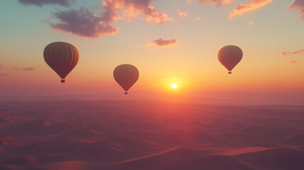 Fototapeta premium A trio of hot air balloons gliding above a serene desert at sunset