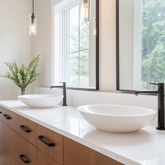 Expansive double vanity, vessel sinks, quartz countertop, modern design