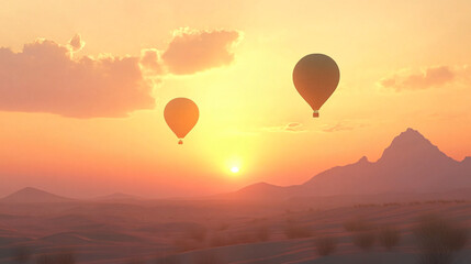 Fototapeta premium A trio of hot air balloons gliding above a serene desert at sunset