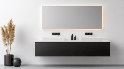 Expansive double vanity with LED lighting, sleek design, contemporary look