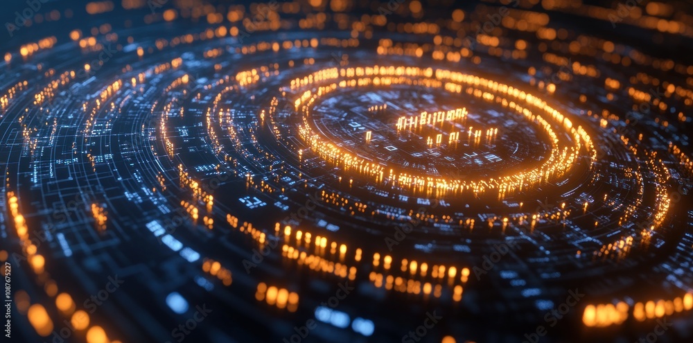 Poster a digital representation of interconnected circuits and glowing nodes in a spiral pattern.