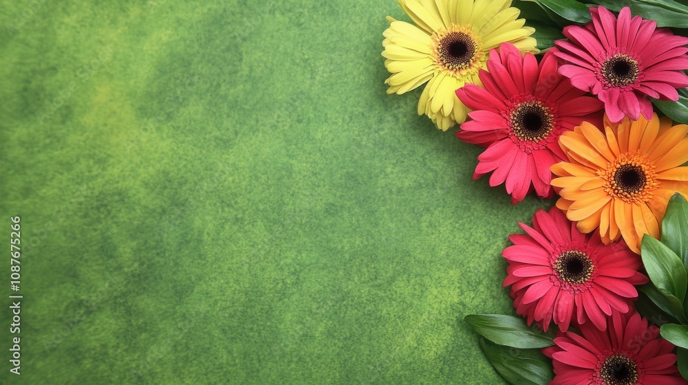 Poster a variety of colorful flowers create a stunning display on a lush green meadow, capturing the essenc