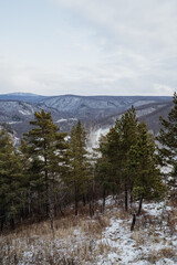 A breathtaking snowy landscape featuring beautifully frosted trees and towering, majestic mountains creates a wonderfully serene scene that captivates viewers with every single glance