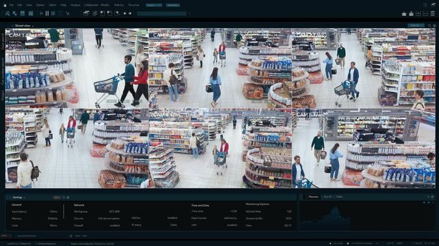 Multi-angle CCTV Footage Monitors Grocery Store. Surveillance System: Secure Shoppers Buying Products with Convenience. Advanced Security Technology Tracks Customer Throughout the Retail Environment.