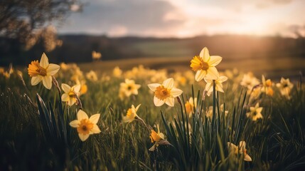 Daffodils in an English countryside meadow, their bright yellow petals swaying gently in the spring breeze