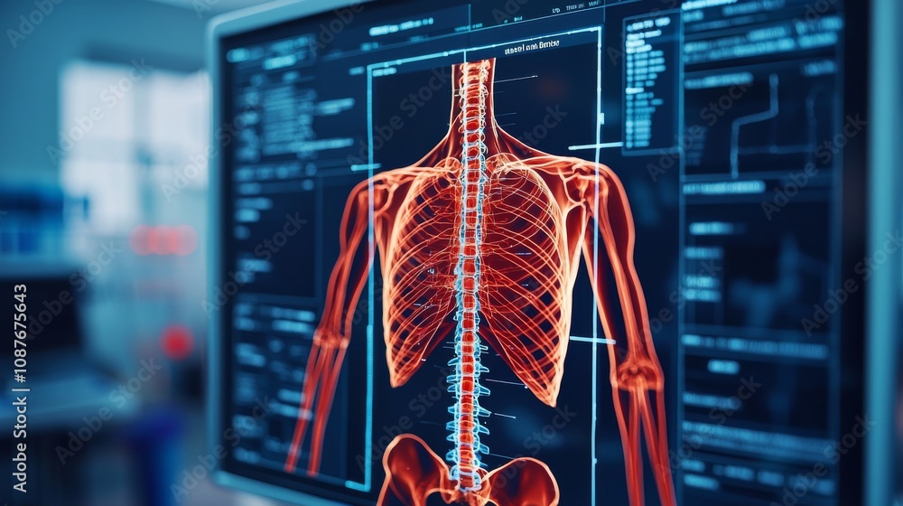 Aufkleber a digital visualization of the human skeleton and muscular structure displayed on a computer screen 