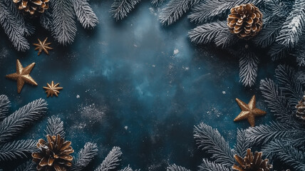Frosted Pinecones and Glittering Stars on a Midnight Blue Background