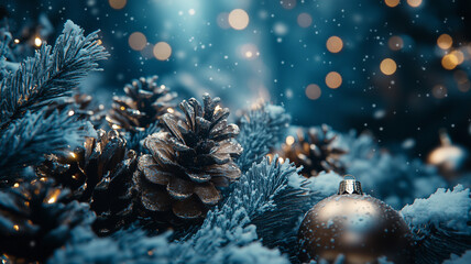 Frosty Christmas Decorations with Glittering Pinecones and Baubles