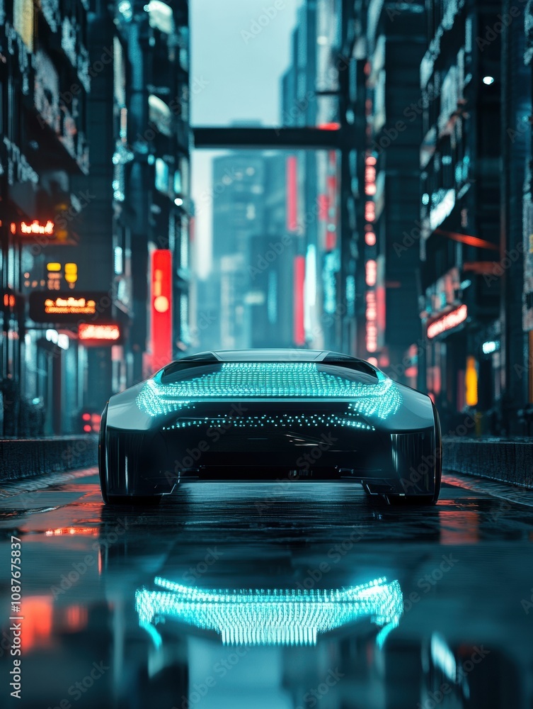 Leinwandbilder The self-driving vehicle maneuvers through a bustling city filled with neon lights and reflective surfaces while utilizing AI systems. Generative AI