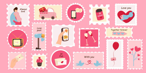 Postage stamps for Valentine's Day. Set of cute elements for Valentine's Day. Set of vector postage stamps. February 14, love concept. 