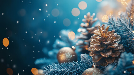 Golden Pinecones and Ornaments on Frosted Christmas Tree Branches