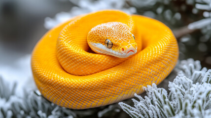 Golden Python Resting Amid Frosty Pine Branches