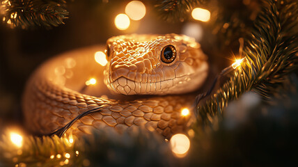 Golden snake coiled on a Christmas tree branch illuminated by warm festive lights.