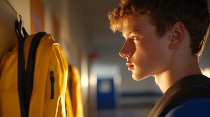 Teen boy contemplating next steps while facing lockers in a school hallway during afternoon hours