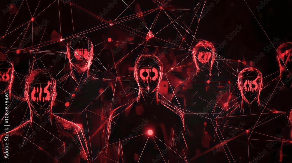 Poster a group of faceless figures with skull symbols for eyes are connected by a network of red lines.