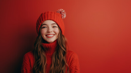 Smiling girl in a red knit hat and sweater against a matching solid red background.