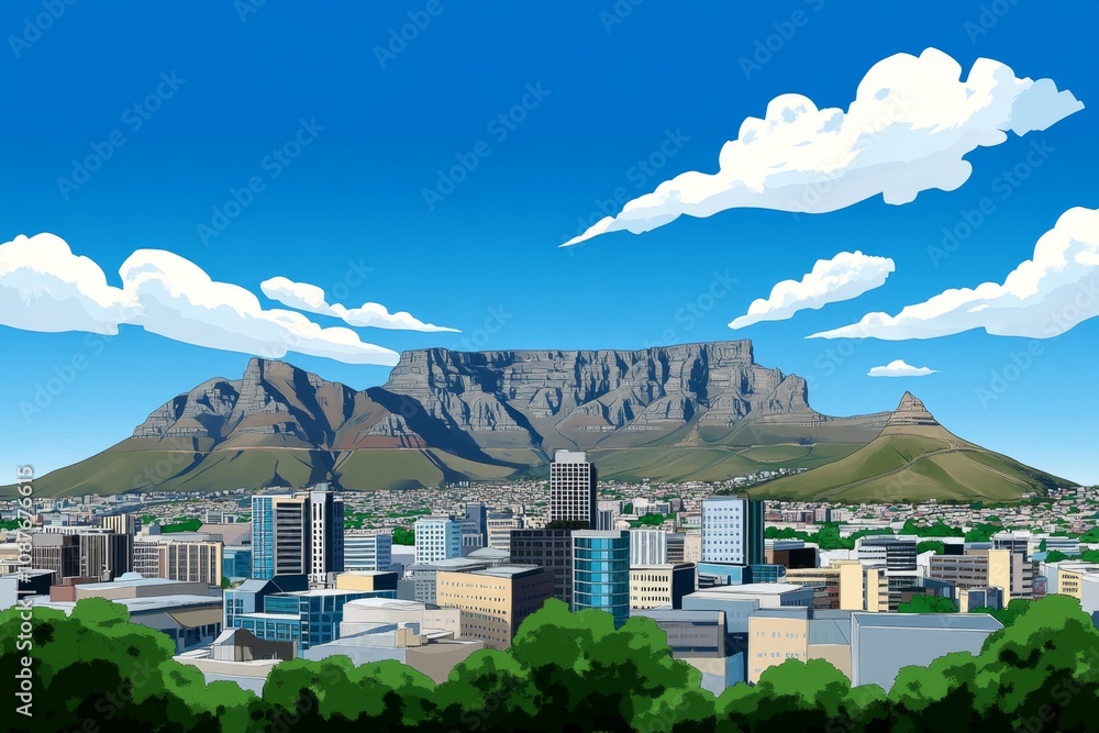 Poster a pixel art depiction of cape townâ€™s skyline with table mountain in the background, vibrant with r