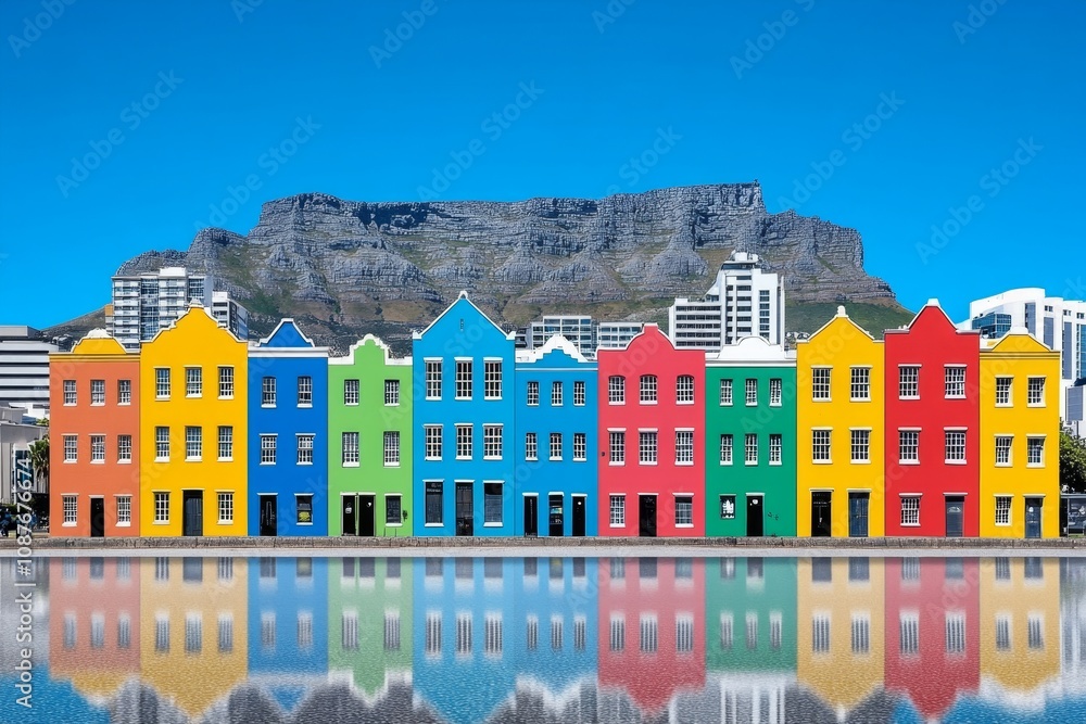 Poster a pixel art depiction of cape townâ€™s skyline with table mountain in the background, vibrant with r