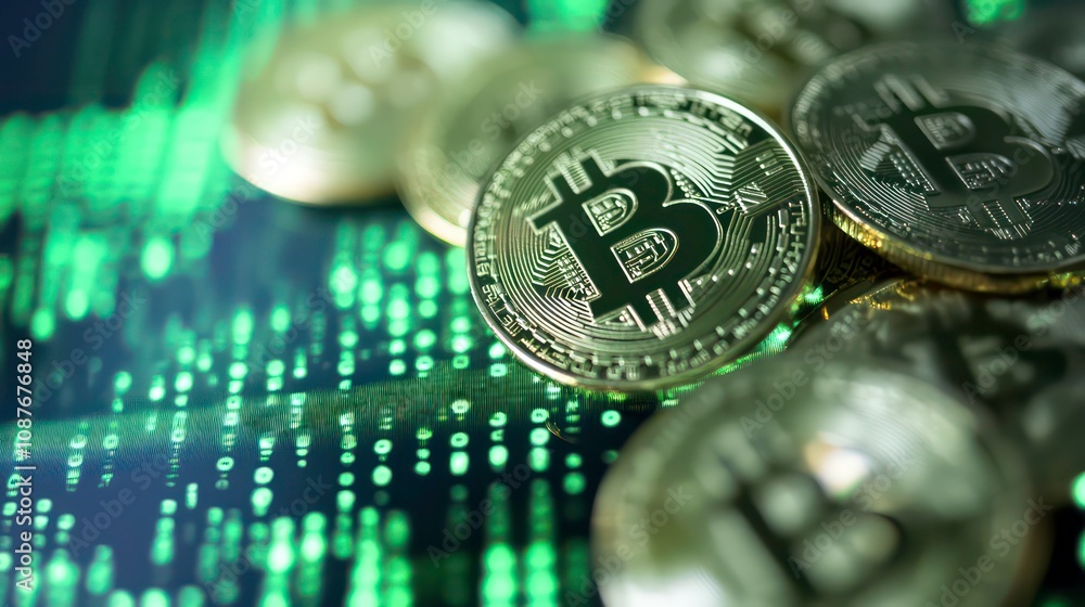 Poster close-up of golden bitcoin cryptocurrency coins on a green digital background, representing the dece